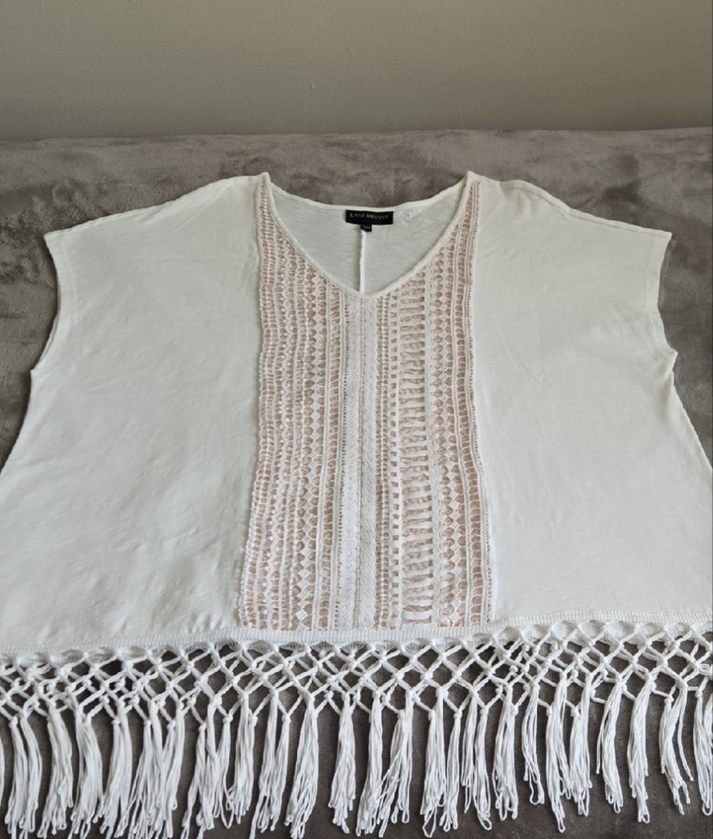 Lane Bryant White and Tan Fringe Top PLUS Size 22 24 sequins on front